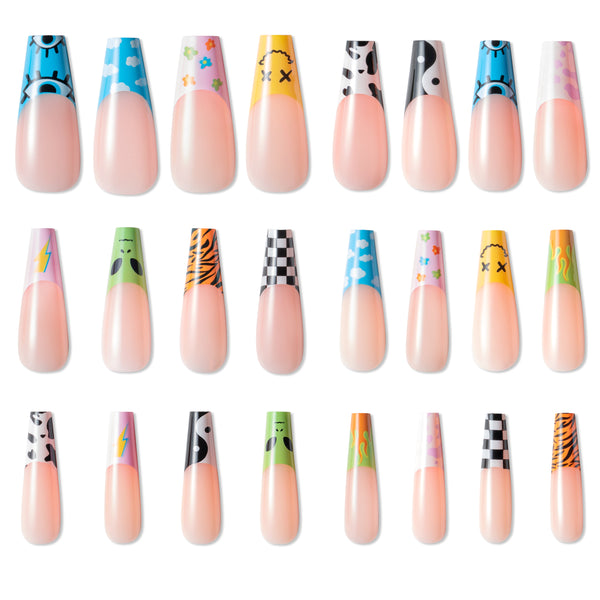 Xqumoi 24Pcs Mix Match Press on Nails Long Coffin Fake Nails Smile Flowers Yin Yang Checkered Flame Cow Printed Nail Tips French Y2k Funky Retro Kidcore Aesthetic False Nails with Glue for Women Girls