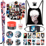 Xqumoi 73 Pieces Jujutsu Kaisen Gift Sets for Fans, Including Jujutsu Kaisen Drawstring Bag Backpack, Face Mask, Keychain, Phone Lanyard, Phone Airbag Holder, Cards, Stickers, Button Pins, Wristbands