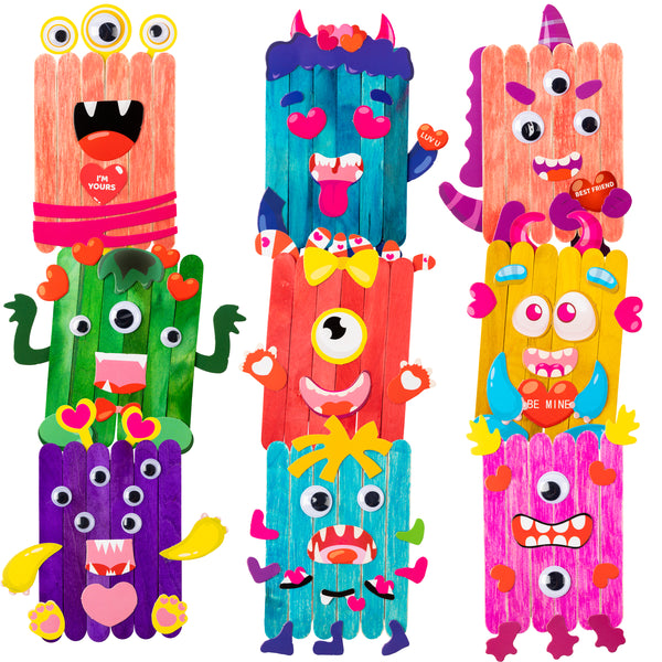 craft stick monsters Xqumoi 9 Pack Monster Wooden Sticks DIY Crafts Kit Art Craft Ornament with Googly Wiggle Eyes Creative Handmade Projects Birthday Gift Party Activity